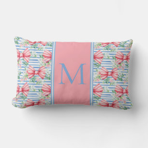 Pink and Blue Bows Flowers and Stripes Monogram Lumbar Cushion