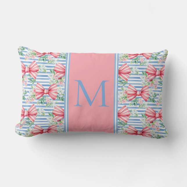 Pink and Blue Bows Flowers and Stripes Monogram Lumbar Cushion (Front)