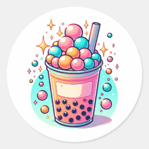 Pink and Blue Bubble Tea Classic Round Sticker