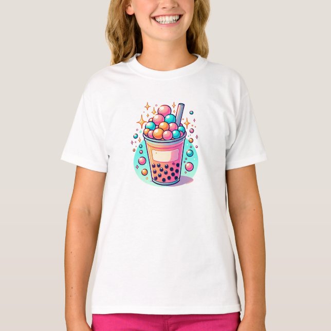 Pink and Blue Bubble Tea T-Shirt (Front)