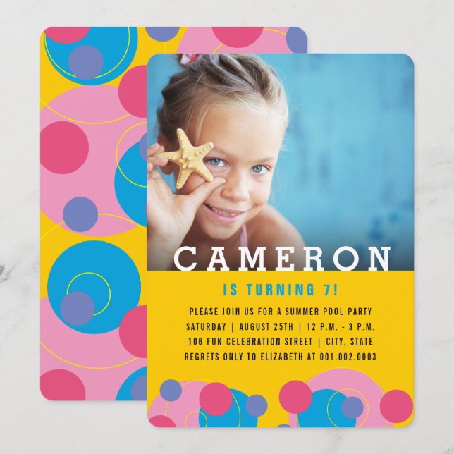 Pink And Blue Bubbles Photo Girl Birthday Party Invitation (Front/Back)