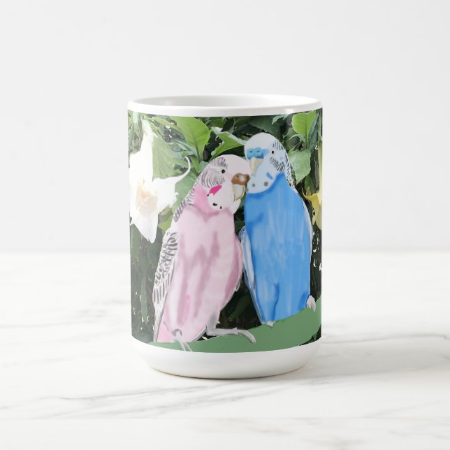 Pink and Blue Budgerigar against Angel Trumpets Coffee Mug (Center)