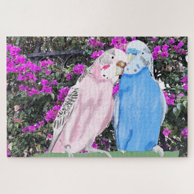 Pink and Blue Budgie and Bougainvillea Jigsaw Puzzle (Horizontal)