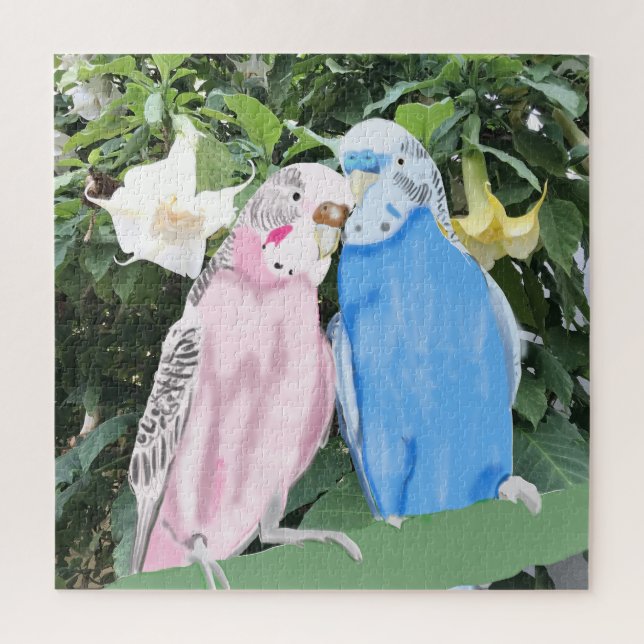Pink and Blue Budgies against Angel Trumpets  Jigsaw Puzzle (Vertical)