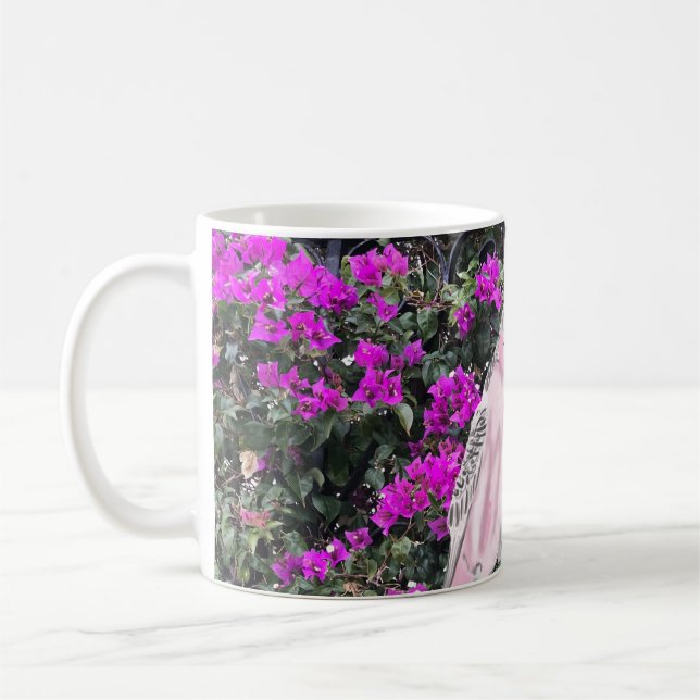 Pink and Blue Budgies against pink Bougainvillea Coffee Mug (Left)
