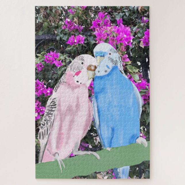 Pink and Blue Budgies against pink Bougainvillia Jigsaw Puzzle (Vertical)