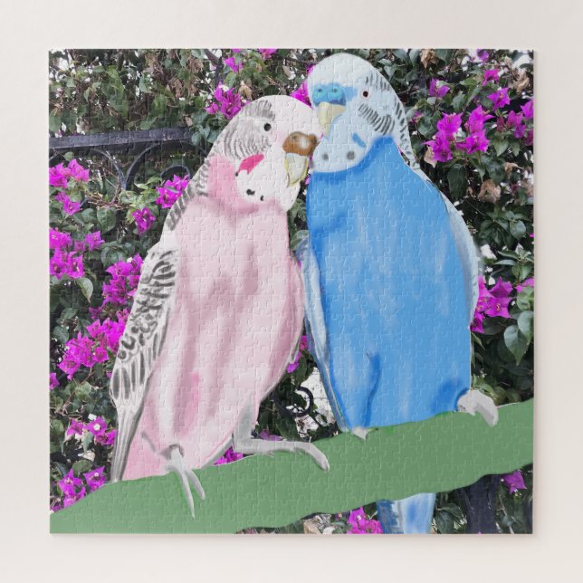 Pink and Blue Budgies against pink Bougainvillia Jigsaw Puzzle (Vertical)