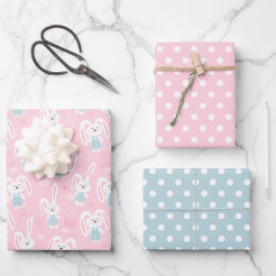 Pink and Blue Bunny Rabbit Wrapping Paper Set of 3