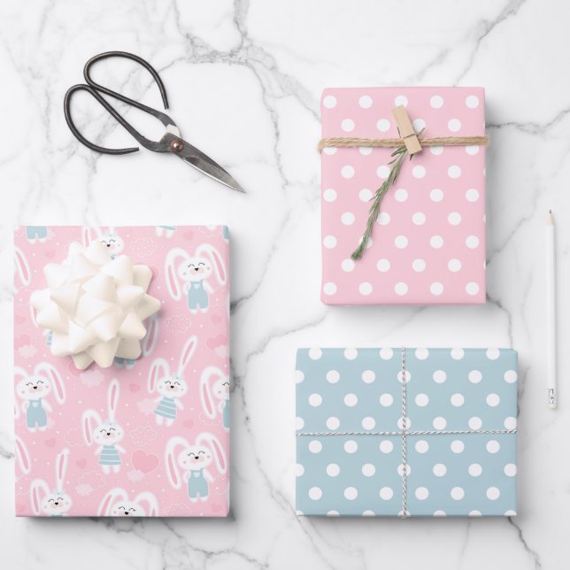 Pink and Blue Bunny Rabbit Wrapping Paper Set of 3 (Front)
