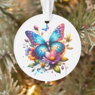Pink and Blue Butterfly in Flowers Personalised Ornament
