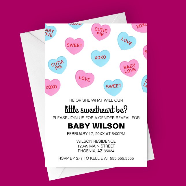 Pink and Blue Candy Hearts Valentine Gender Reveal Invitation (Candy Hearts Valentine's Day Gender Reveal Party Invitation)