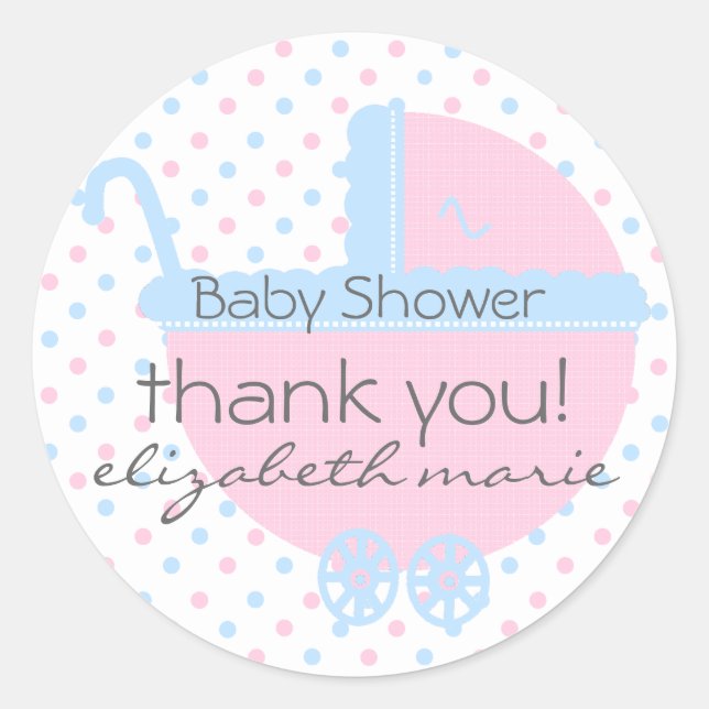 Pink and Blue Carriage Baby Shower Classic Round Sticker (Front)