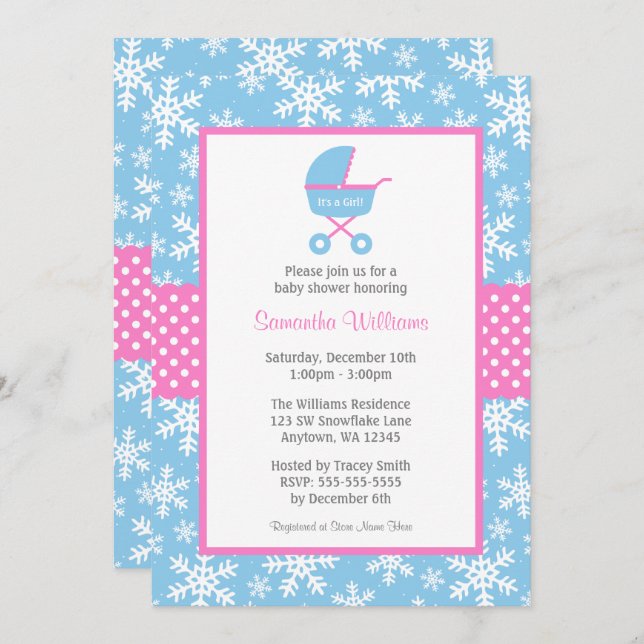 Pink and Blue Carriage Snowflakes Baby Shower Invitation (Front/Back)