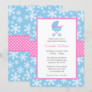 Pink and Blue Carriage Snowflakes Baby Shower Invitation