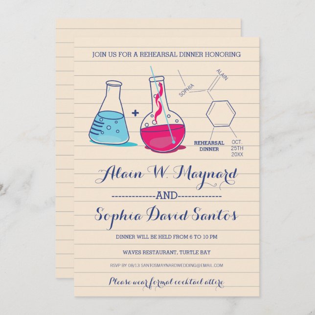 Pink and Blue Chemistry Rehearsal Dinner Invites (Front/Back)