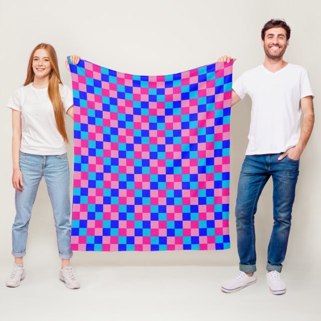 Pink and Blue Chequered Print Fleece Blanket (In Situ)