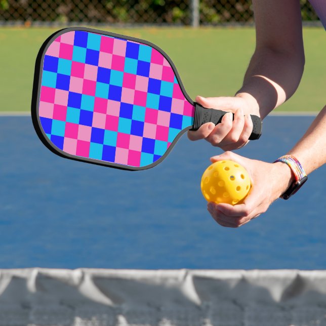 Pink and Blue Chequered Print Pickleball Paddle (Insitu)