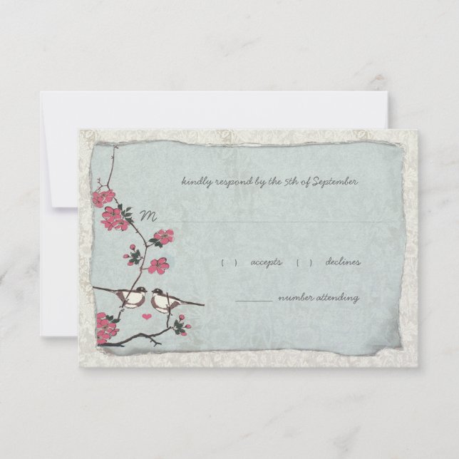 Pink and Blue Cherry Blossom Chickadee RSVP (Front)