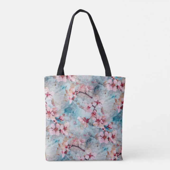Pink and Blue Cherry Blossom Pattern Tote Bag (Back)