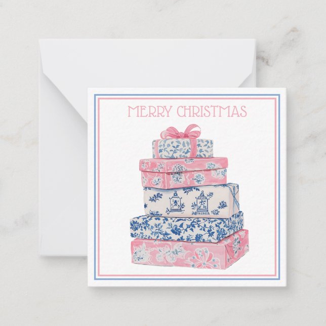Pink and Blue Chinoiserie Christmas Presents Card (Front)