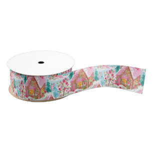 Pink and Blue Christmas Gingerbread Town Grosgrain Ribbon