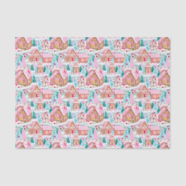 Pink and Blue Christmas Gingerbread Town Tissue Paper (Front)
