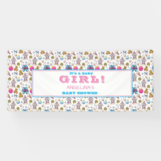 Pink And Blue Christmas Pattern Girl Baby Shower Banner (Horizontal)