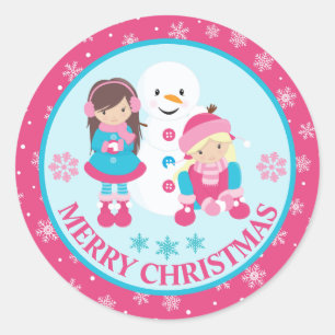 Pink and Blue Christmas Snow Girls and Snowman Classic Round Sticker