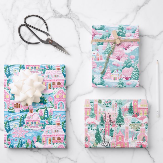 Pink and Blue Christmas Village Wrapping Paper Sheet (Front)