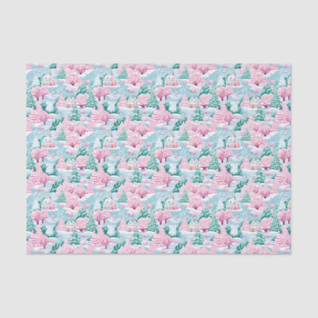 Pink and Blue Christmas Winter Snowy House Tissue Paper (Front)