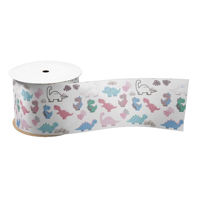 Pink and Blue Colourful Dinosaurs Satin Ribbon (Spool)