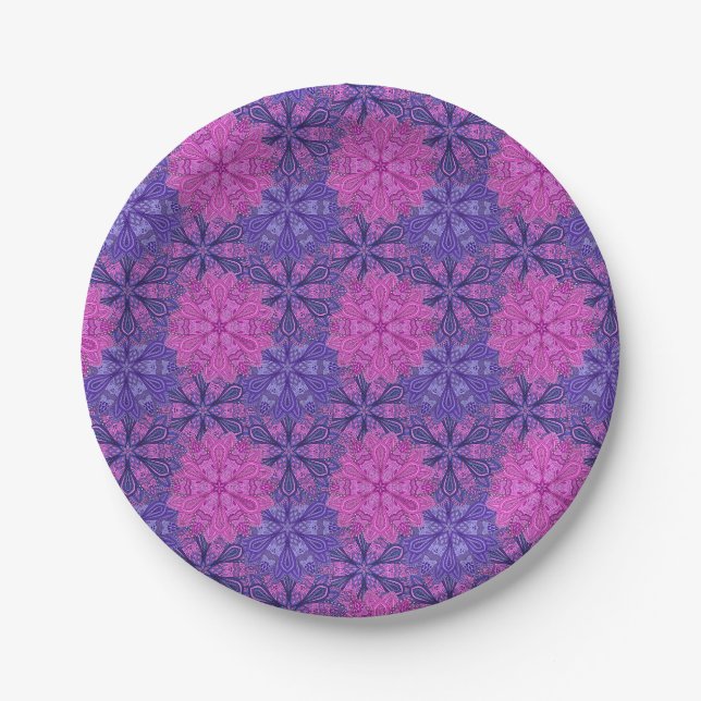 Pink and blue colourful mandala pattern paper plate (Front)