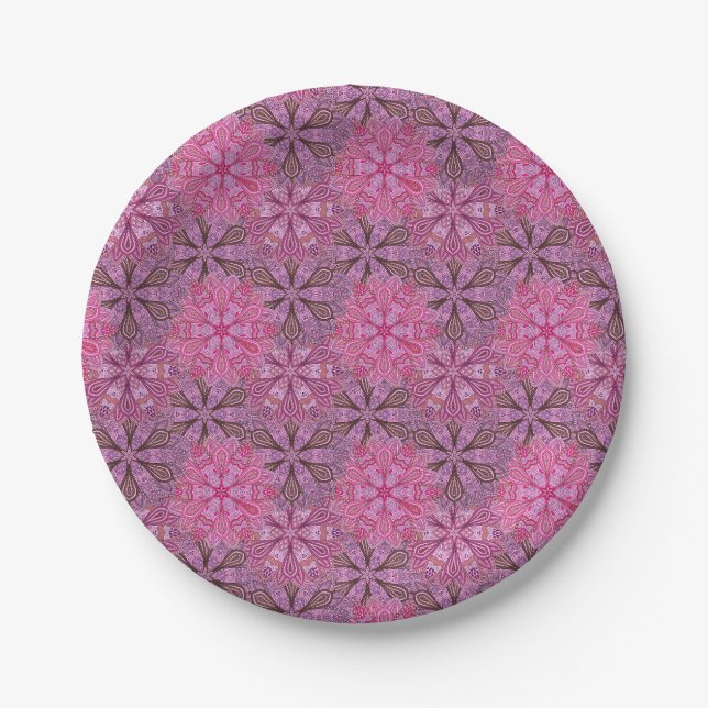Pink and blue colourful mandala pattern paper plate (Front)