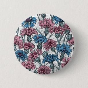 Pink and blue cornflowers on white 6 cm round badge