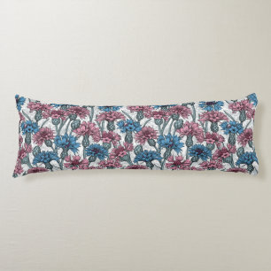 Pink and blue cornflowers on white body cushion