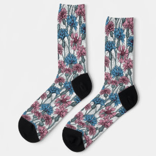 Pink and blue cornflowers on white socks