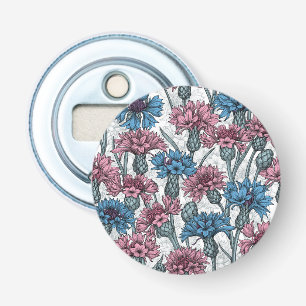 Pink and blue cornflowers, wild flowers on white bottle opener