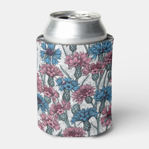 Pink and blue cornflowers, wild flowers on white can cooler