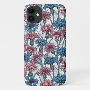Pink and blue cornflowers, wild flowers on white iPhone 11 case