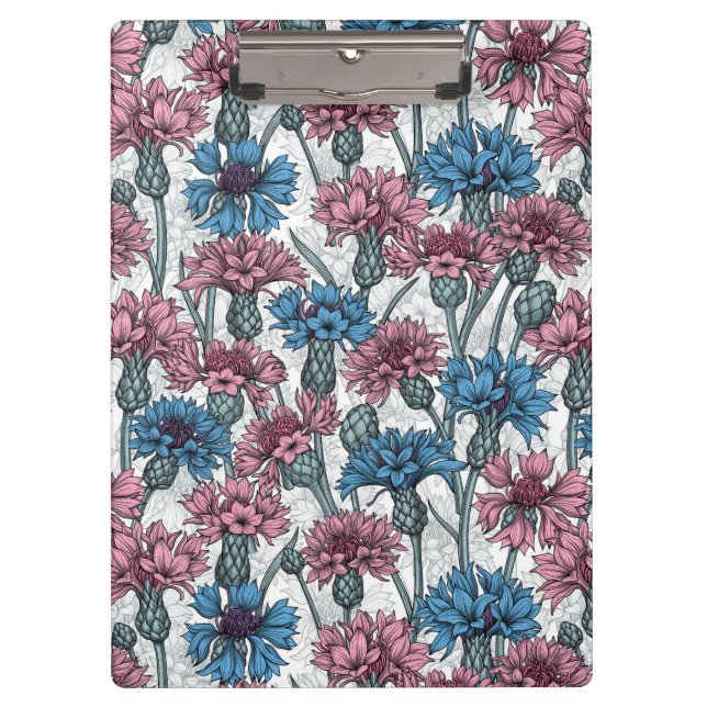Pink and blue cornflowers, wild flowers on white clipboard (Front)