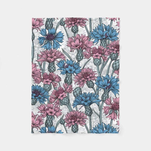 Pink and blue cornflowers, wild flowers on white fleece blanket (Front)