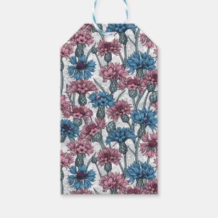 Pink and blue cornflowers, wild flowers on white gift tags