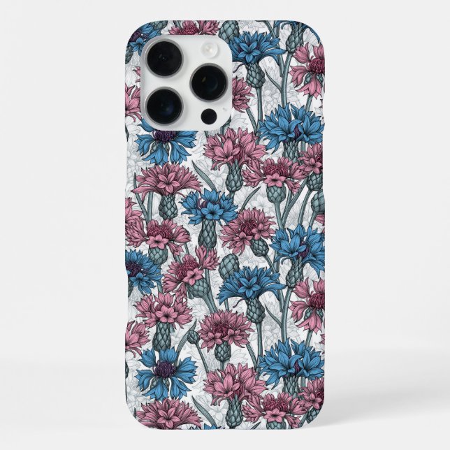 Pink and blue cornflowers, wild flowers on white iPhone case (Back)