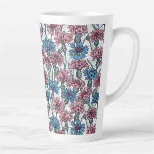 Pink and blue cornflowers, wild flowers on white latte mug