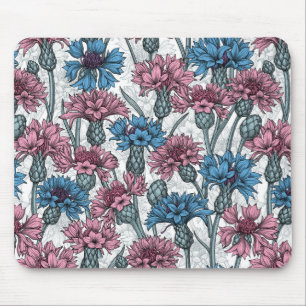Pink and blue cornflowers, wild flowers on white mouse mat