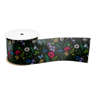 Pink and blue cornflowers, wild flowers on white s satin ribbon