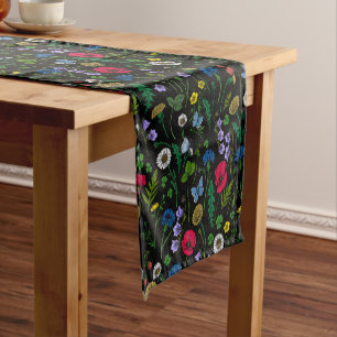 Pink and blue cornflowers, wild flowers on white s short table runner