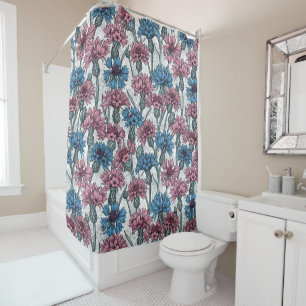 Pink and blue cornflowers, wild flowers on white shower curtain