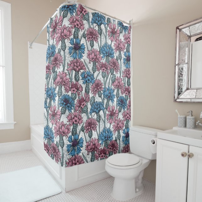 Pink and blue cornflowers, wild flowers on white shower curtain (In Situ)