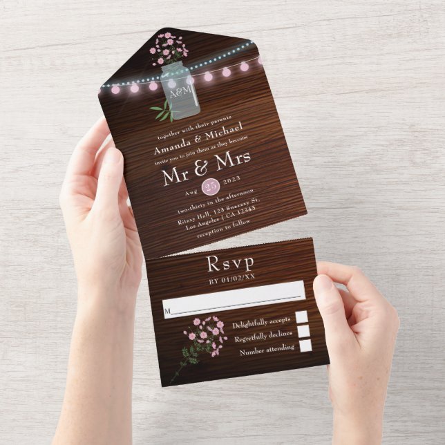 Pink and Blue Cosmos Rustic Barn Country Wedding All In One Invitation (Tearaway)